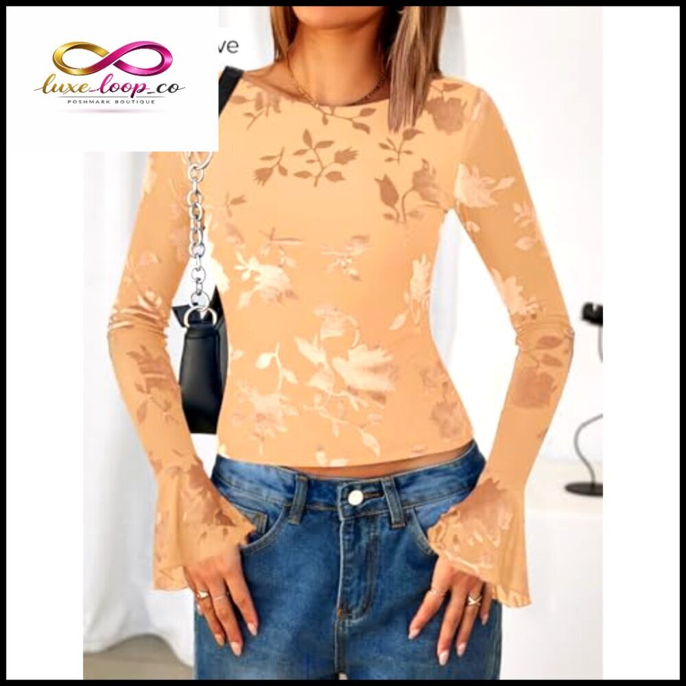 Mesh Bell Sleeve Blouse Slim Fit Floral Top Women's Long Sleeve - Picture 5 of 7